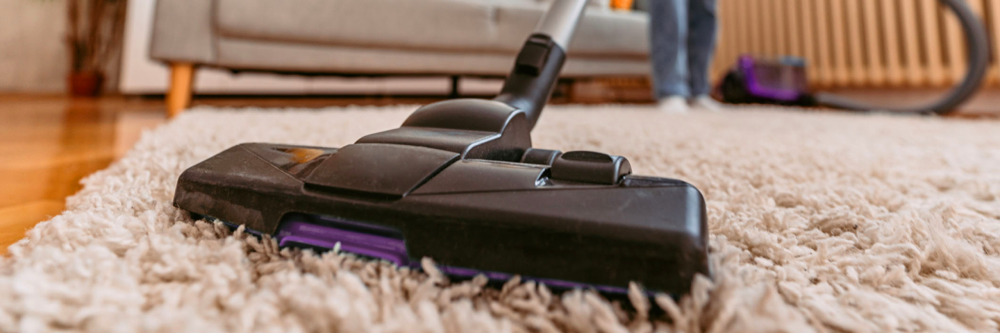 Close-up of a vacuum cleaner cleaning a carpet, suggesting dust as an allergy trigger